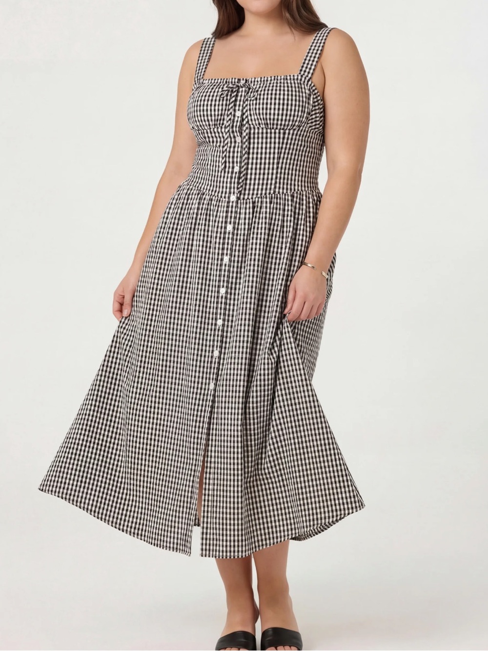 NWT ASTR the Label 2X Gingham Button-Front Midi Dress in Black and White Summer